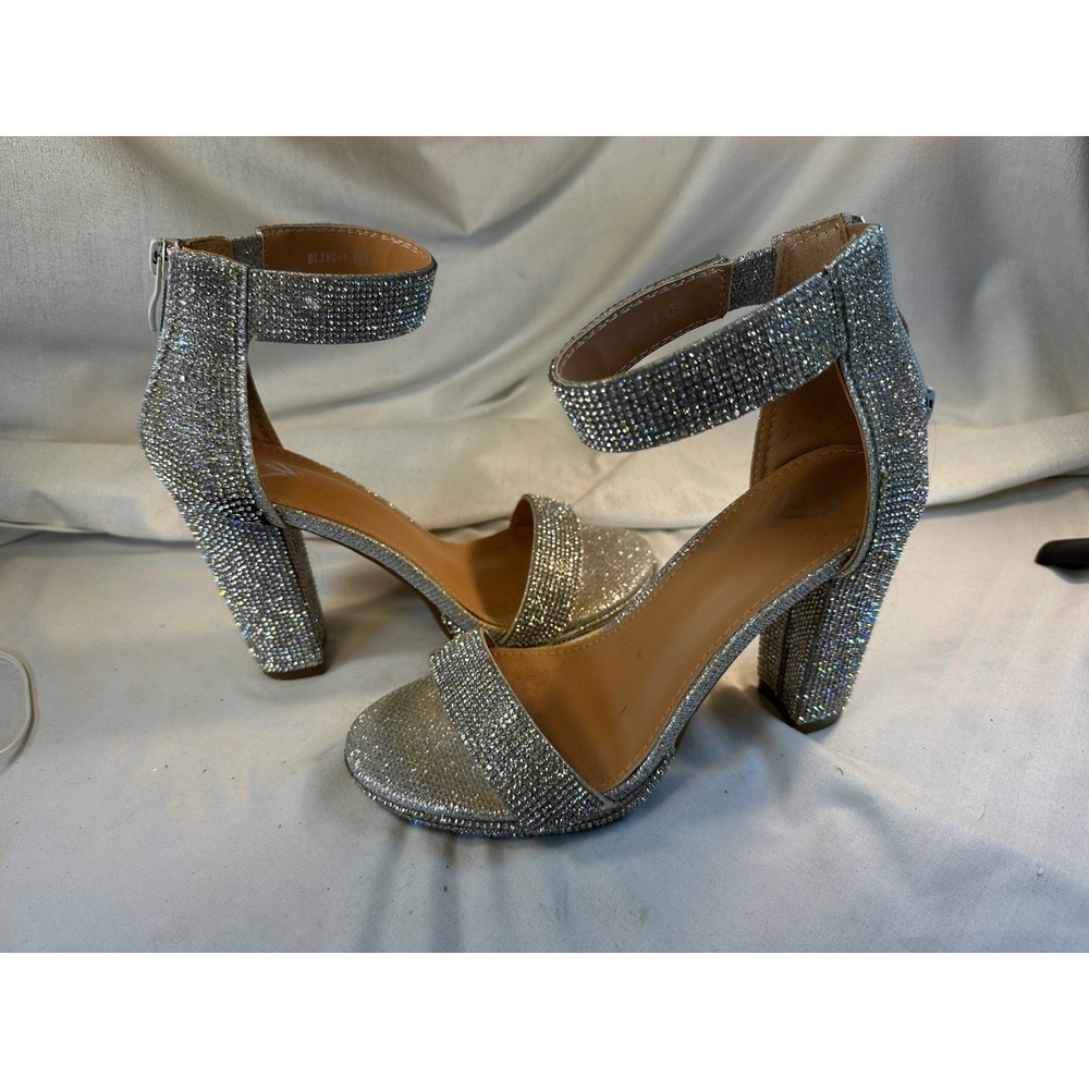 Sparkling Silver Rhinestone Ankle Strap Block Hee… - image 3